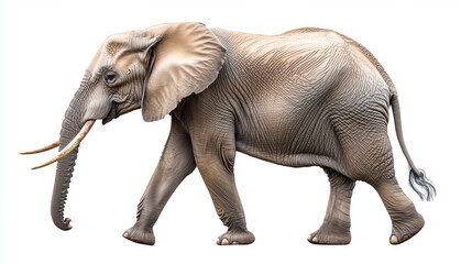 Obraz premium African Elephant Walking, Showcasing Skin Texture and Majestic Tusks, Isolated on White Background, Image Made Using Generative AI