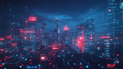 Fototapeta premium Modern cityscape with a technological overlay of lines and dots, illuminated at night