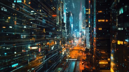 Obraz premium Modern cityscape with a technological overlay of lines and dots, illuminated at night