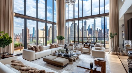 Obraz premium Modern luxurious living room with high ceilings and large windows showcasing a vibrant