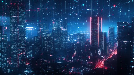 Fototapeta premium Modern cityscape with a technological overlay of lines and dots, illuminated at night