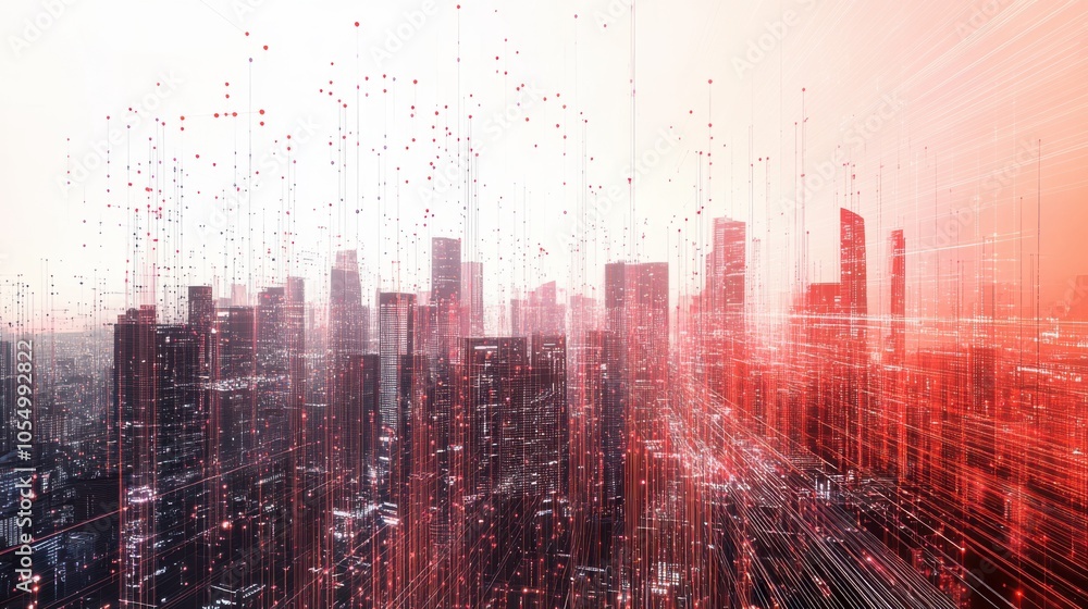 Poster modern metropolis with digital lines and dots, reflecting the integration