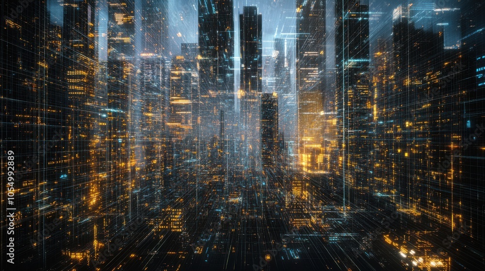 Poster modern metropolis with digital lines and dots, reflecting the integration