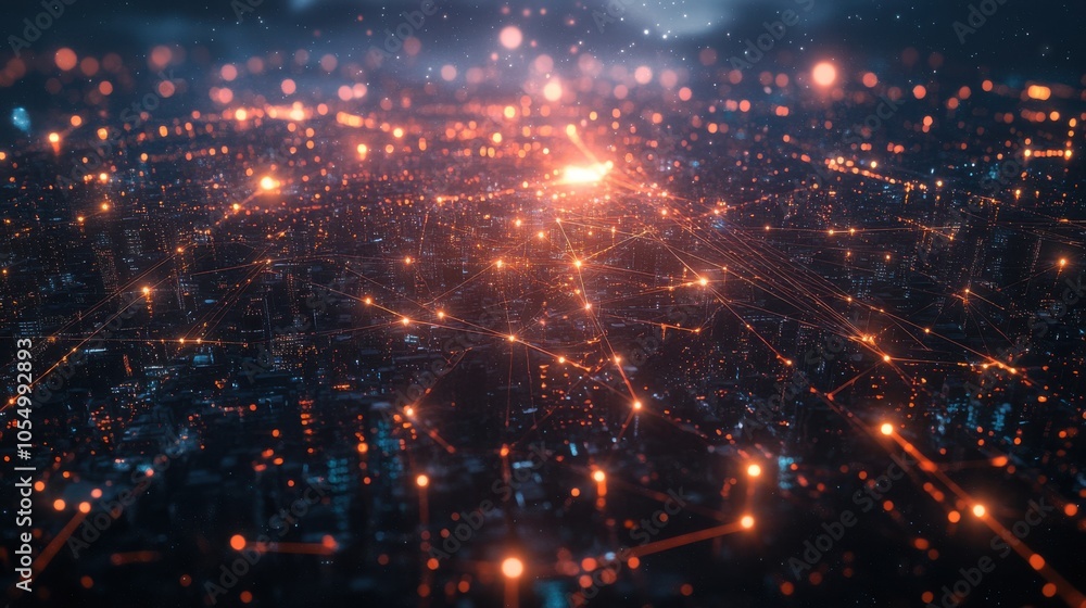 Poster nighttime city with a glowing web of lines and dots symbolizing