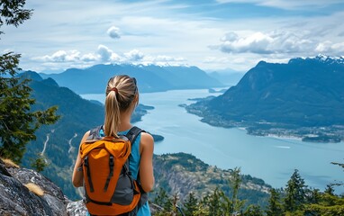 Hiking people Woman hiker on mountain hike trail enjoying view wearing backpack and hiking clothing in beautiful blue sky nature landscape Squamish hike British Columbia Canada