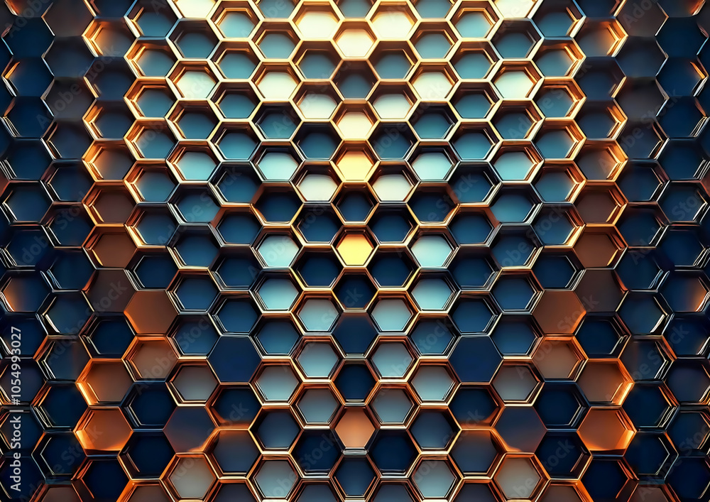 Poster 3d rendering of abstract metallic background with hexagons in blue and orange colors