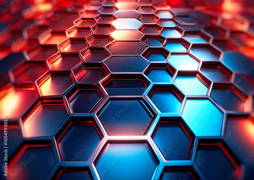 Poster 3d rendering of abstract metallic background with hexagons in red and blue colors