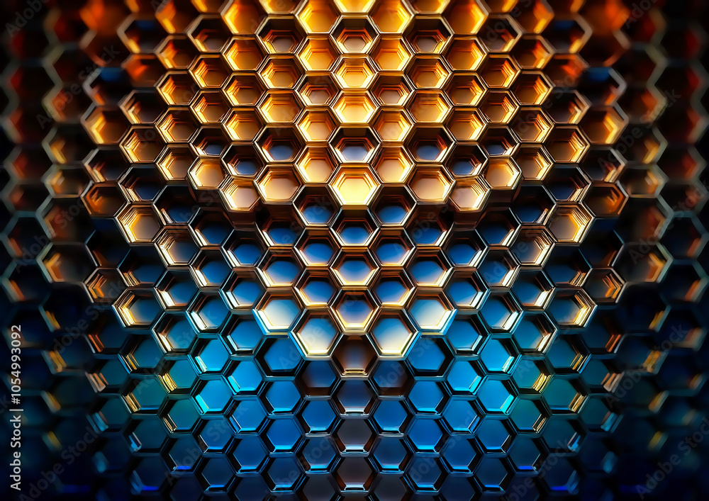 Poster 3d rendering of abstract metallic background with hexagons in blue and orange colors