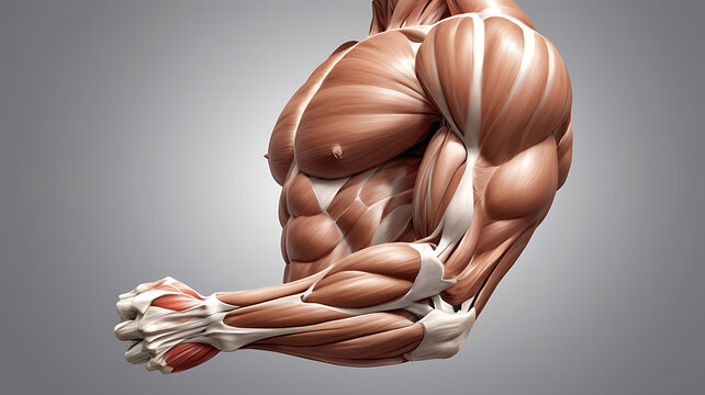Intricate illustration of the bicep muscle anatomy, highlighting the biceps brachii, brachialis, and coracobrachialis muscles in relation to the humerus and elbow joint
