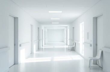 Modern white corridor interior with empty white mock up banner, seats and doors. Hospital or office concept