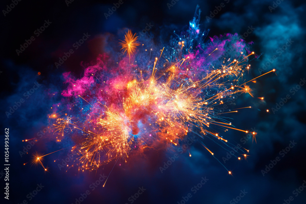 Poster vibrant abstract background with colorful powder and sparkling particles against blurred background