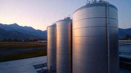 Fototapeta premium Industrial chemical facility exterior at dawn, large tanks and pipes, breathtaking mountain view in the background, warm natural light