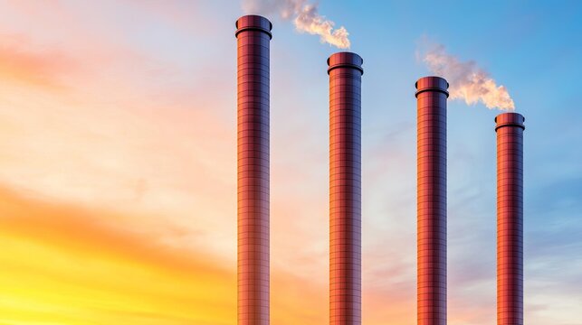 Industrial smokestacks against a colorful sunset sky, emitting steam, showcasing the complexity of modern industry and environmental impact.