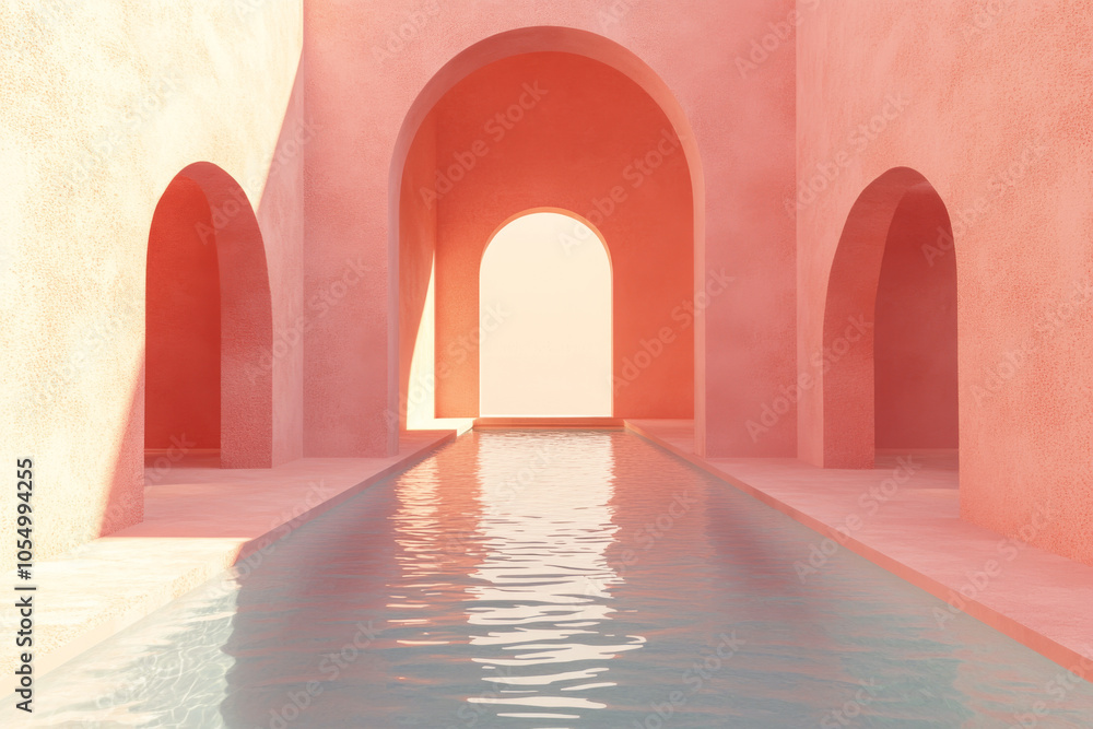 Poster empty pink swimming pool in minimalist interior design with arches. simple geometric composition in 