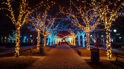 Illuminated Pathway through a Festive Forest
