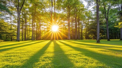 Obraz premium A lush forest with sunlight peeking through the branches, leaving an inviting open space for text in the foreground.