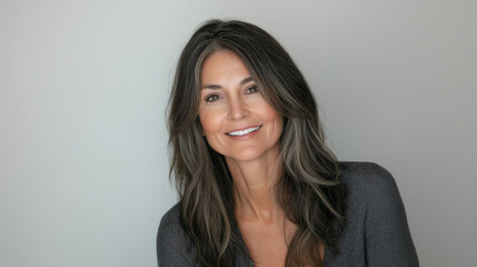 Fototapeta premium Portrait of an elegant senior woman with flowing gray hair, smiling warmly in soft, natural light, embodying timeless beauty and confidence against a simple background