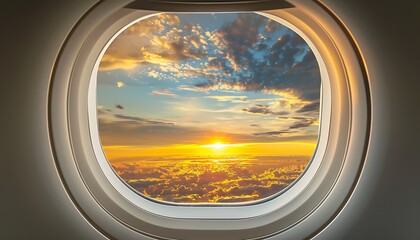 Airplane window, white round frame, sunset sky with clouds, colors of yellow, orange, and blue, gentle light, beautiful view.