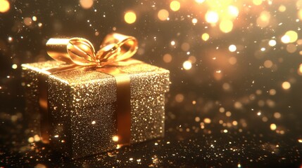 A luxurious, elegantly wrapped gift box with a satin ribbon, set against a shimmering gold abstract background.