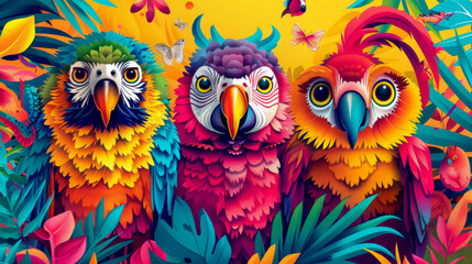 Fototapeta premium Three brightly colored parrots surrounded by tropical foliage and butterflies