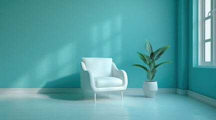 white chair sits in front of a blue wall