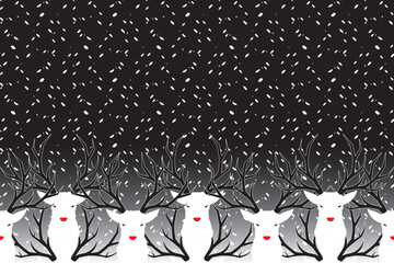 Illustration snow fall with deer on black background.