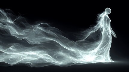 A ghostly figure in a flowing white dress, standing on a dark background, evokes a sense of mystery and wonder.