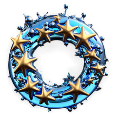 Dynamic 3D Composition of Chrome Metal Organic Fluid Shapes and Star Elements for Artistic and Commercial Use