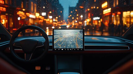 Car interior with touchscreen display and city view during nighttime.