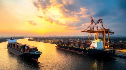 Cargo ships docked at a vibrant sunset port, showcasing maritime industry.