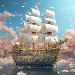Animated wealth ship sailing diverse treasures concept of asset diversity