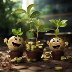 Cheerful financial fruits growing on money trees concept of natural wealth