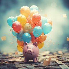 Cheerful savings balloons lifting goals concept of achieving dreams