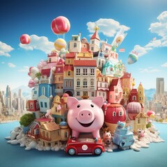 Cheerful piggy bank city savings landscape concept of banking playful