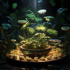 Whimsical digital wallet garden growing coins concept of investment