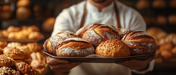 A baker presenting a tray of freshly baked artisan breads in a warm bakery setting.