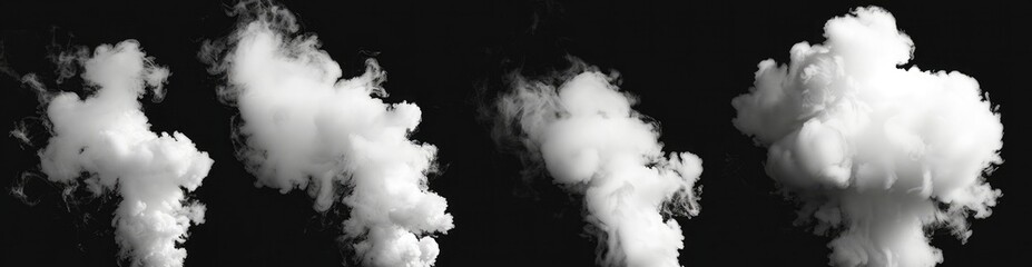 Naklejka premium A set of white smoke clouds isolated on a black background