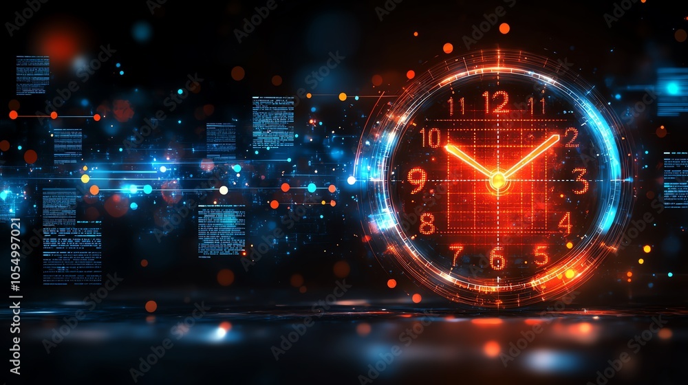 Poster digital clock design with glowing elements and data background, futuristic concept.