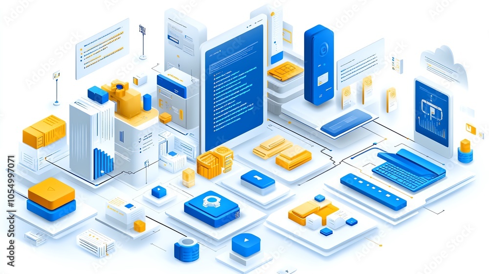Poster digital interface with elements in blue and orange on white background