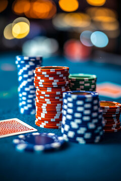 A close-up of a blue table with stacks of colorful poker chips and a playing card