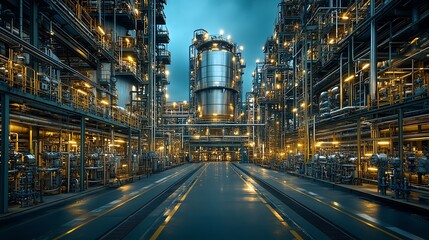 Obraz premium Industrial facility with illuminated machinery and empty road under dramatic sky.