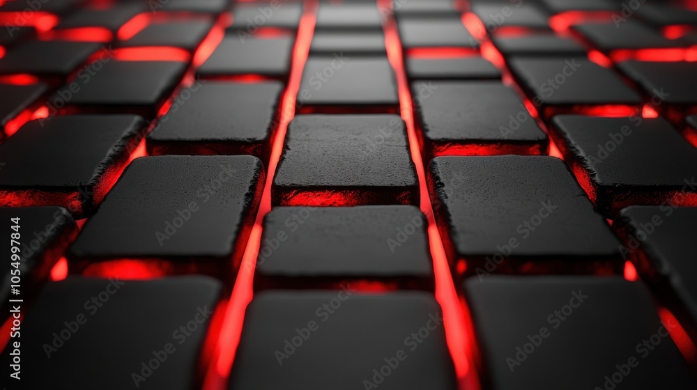 Aufkleber close-up view of a textured surface with glowing red lights between dark blocks in an ambient settin