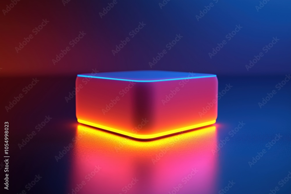 Aufkleber empty neon illuminated product display stand glowing on dark background