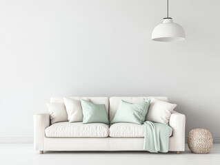 Modern living room featuring a comfortable white couch and minimalist decor with a pendant light