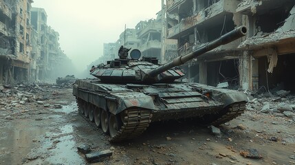 Military tank in a war-torn urban landscape with damaged buildings.