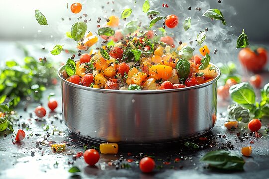 Dynamic image of vegetables bursting from a pot, ideal for World Vegan Month promotions, healthy cooking blogs, and vibrant food presentations.