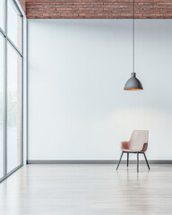 Modern minimalistic interior with a single chair and large windows in a bright open space