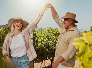 Smile, senior couple and dance in vineyard for countryside, travel and holiday for happiness....