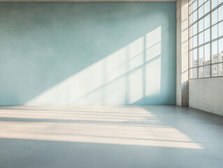Bright spacious room with blue wall and large windows during the day