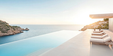 Obraz premium Infinity pool overlooking the ocean at sunset in a serene coastal setting
